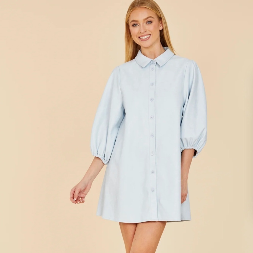 Dolce Cabo Faux Leather Puff Sleeve Dress in Sky Blue. Size XS. Retail $142